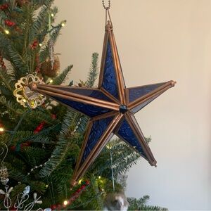 Vintage Large Victorian Tiffany Style Cobalt Blue Stained Glass Star Ornament